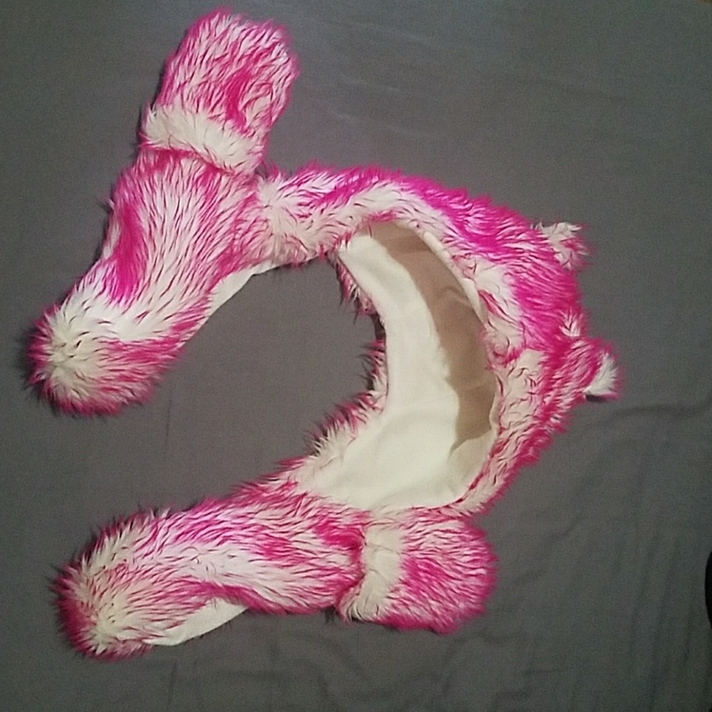 Fuzzy animal hat with handwarmers